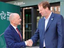 State Councilor Hubert Büchel is greeted by Jim O'Callaghan, Ireland's Minister for Justice, Home Affairs, and Migration, at the informal meeting of interior ministers in Dublin.