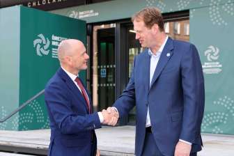 State Councilor Hubert Büchel is greeted by Jim O'Callaghan, Ireland's Minister for Justice, Home Affairs, and Migration, at the informal meeting of interior ministers in Dublin.