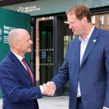 State Councilor Hubert Büchel is greeted by Jim O'Callaghan, Ireland's Minister for Justice, Home Affairs, and Migration, at the informal meeting of interior ministers in Dublin.